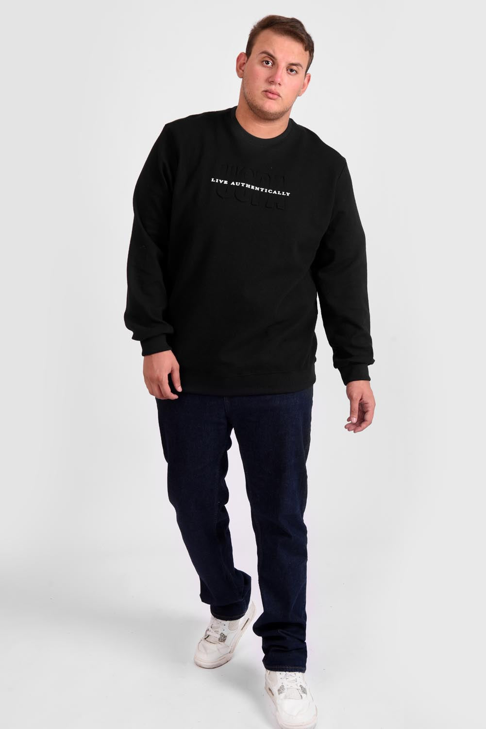 Men's Big Size Long Sleeve Rounded Neck Front Chest Printed Padded Melton Sweatshirt