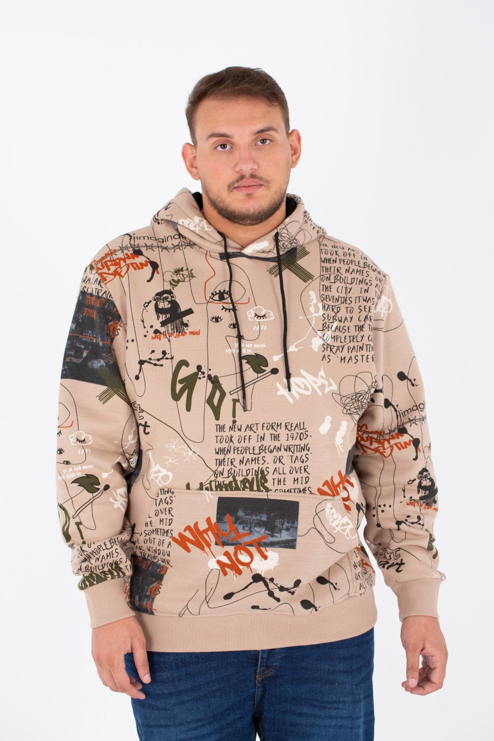 Men's Big Size Hoodie Sweatshirt With Full Print And Melton Material