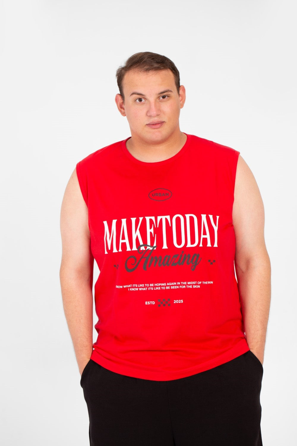 Men's Big Size Tomato Summer Sleeveless T-Shirt With Modern Front Print