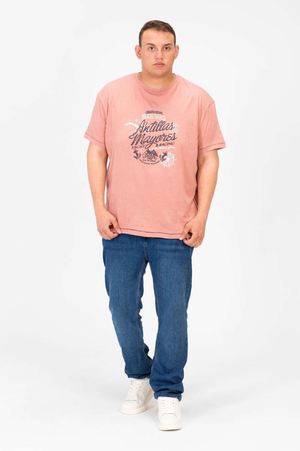 تي شيرت رجالي كبير الحجم مطبوع بأكمام قصيرة ورقبة دائرية