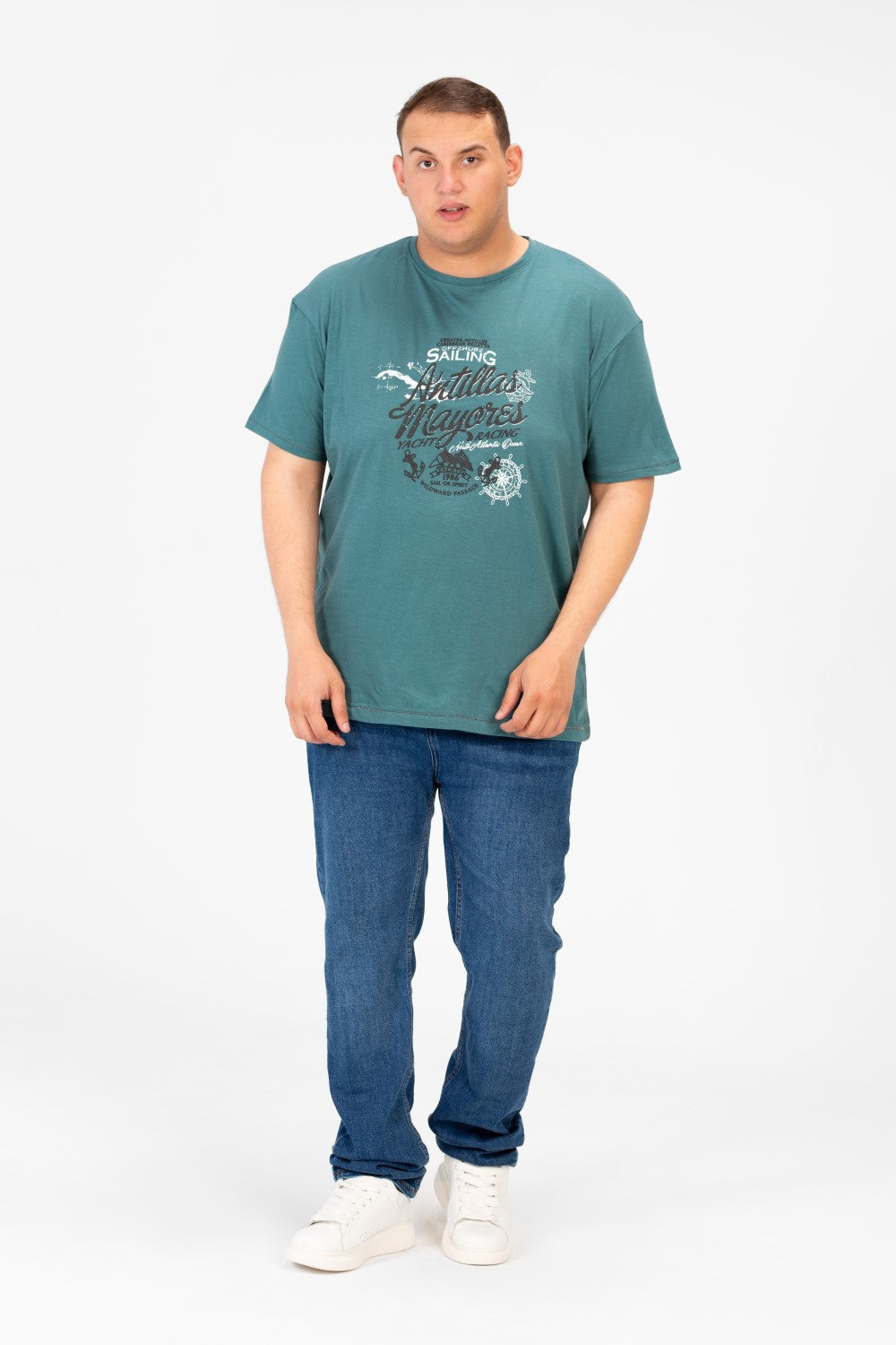 تي شيرت رجالي كبير الحجم مطبوع بأكمام قصيرة ورقبة دائرية