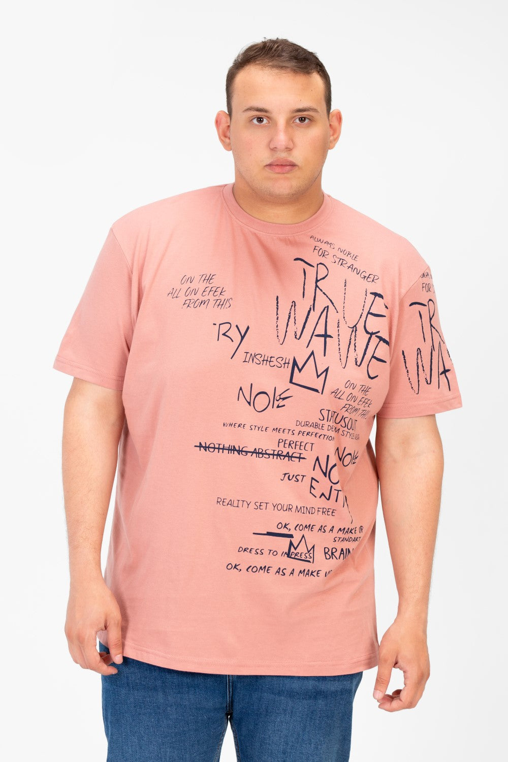 تي شيرت رجالي كبير الحجم مطبوع برقبة دائرية وأكمام قصيرة