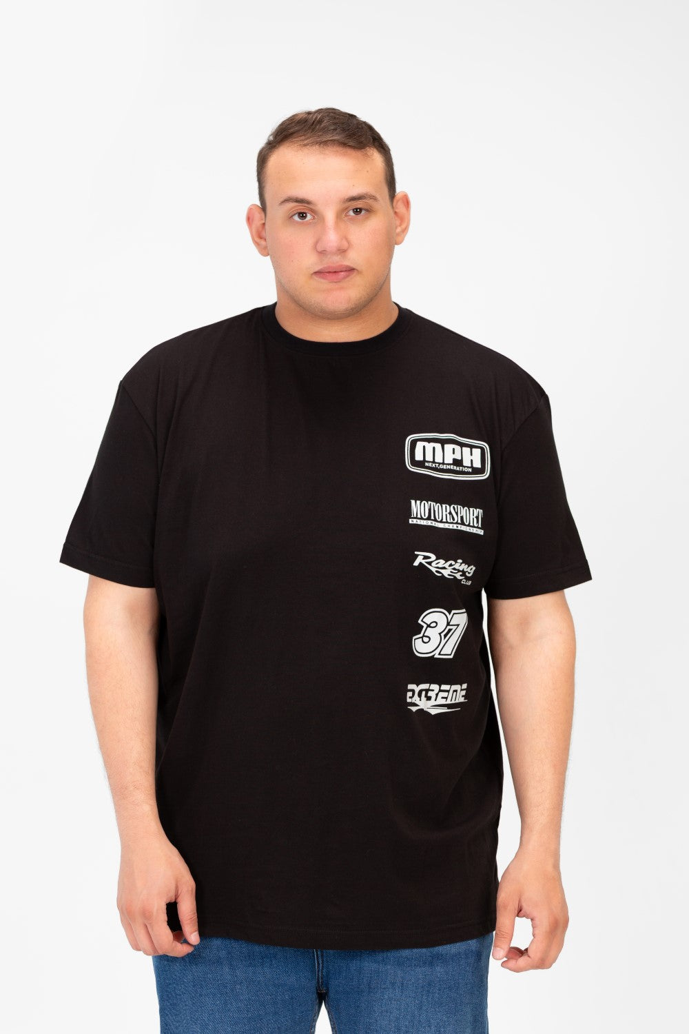 تي شيرت رجالي كبير الحجم مطبوع بأكمام قصيرة ورقبة دائرية