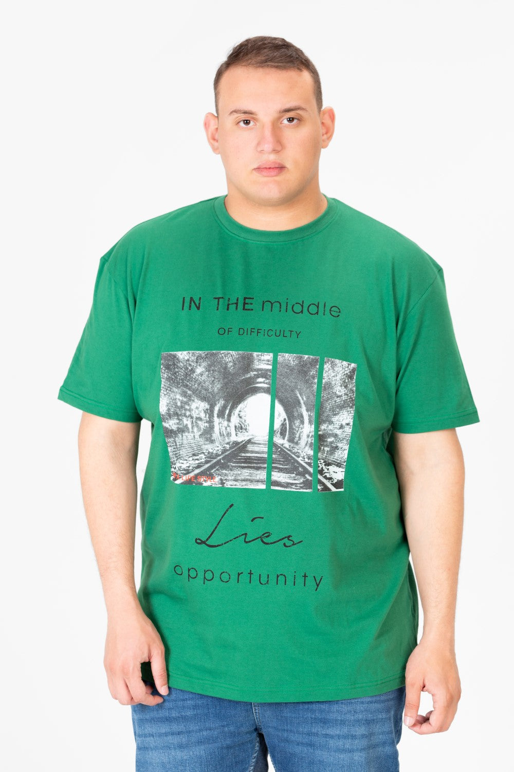 تي شيرت رجالي كبير الحجم برقبة دائرية وطبعة جرافيكية