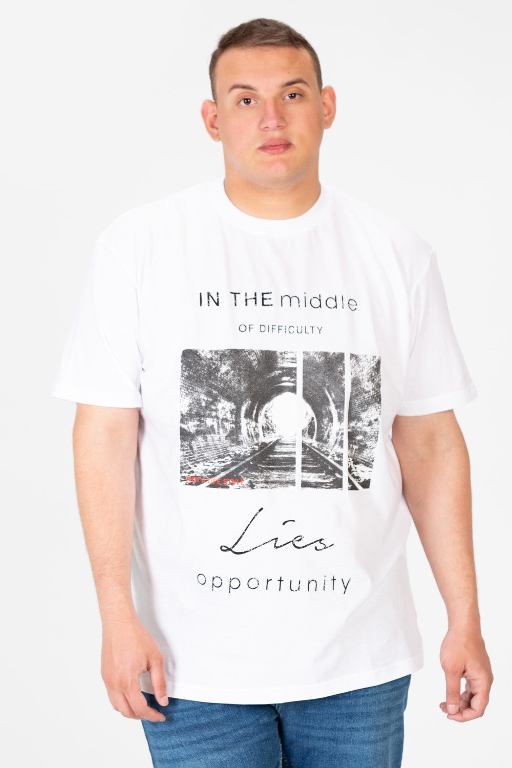 تي شيرت رجالي كبير الحجم برقبة دائرية وطبعة جرافيكية