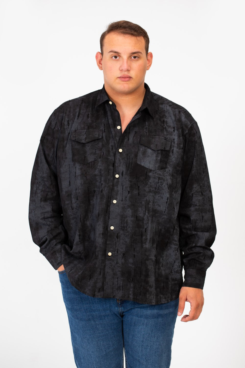 Men's Big Size Long Sleeve Printed Modern Shirt With Front Pockets