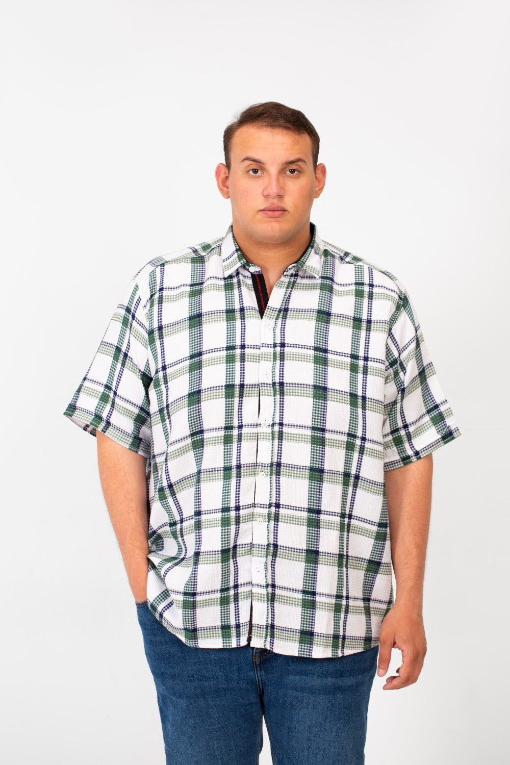 Men's Big Size Checked Shirt With Short Sleeves And Full Front Buttons