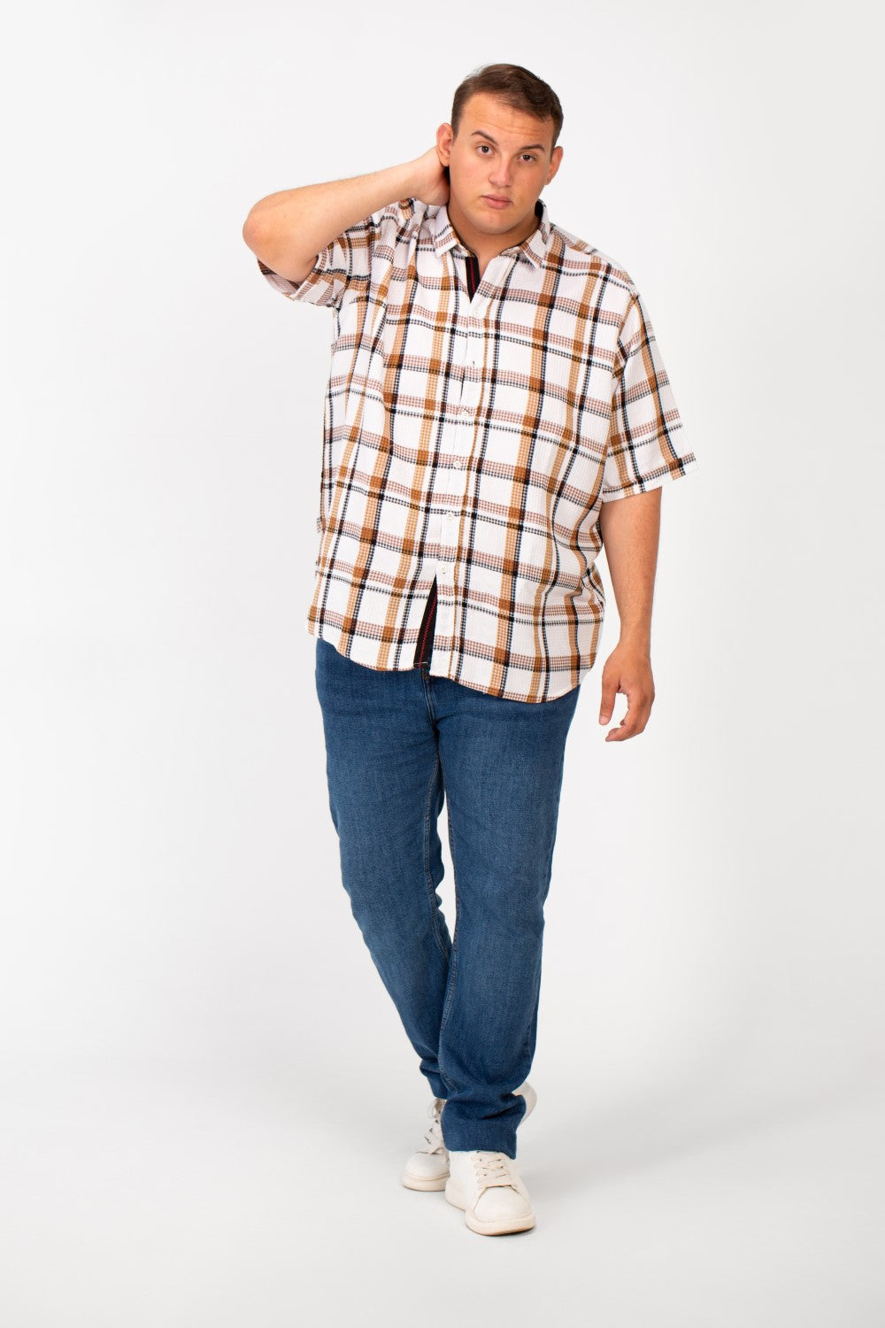 Men's Big Size Checked Shirt With Short Sleeves And Full Front Buttons