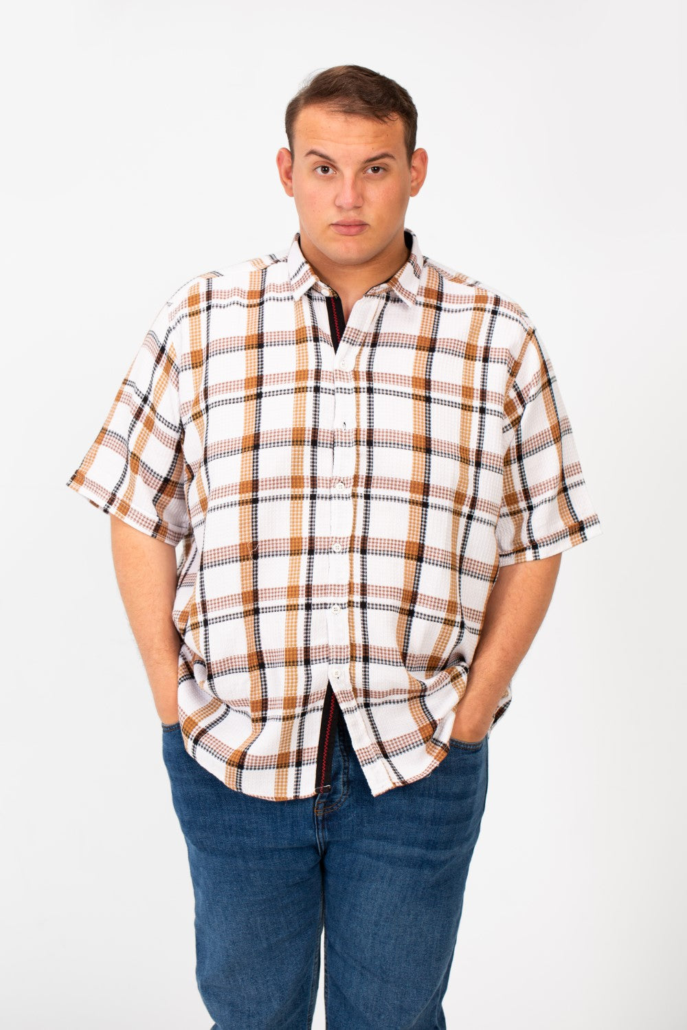 Men's Big Size Checked Shirt With Short Sleeves And Full Front Buttons