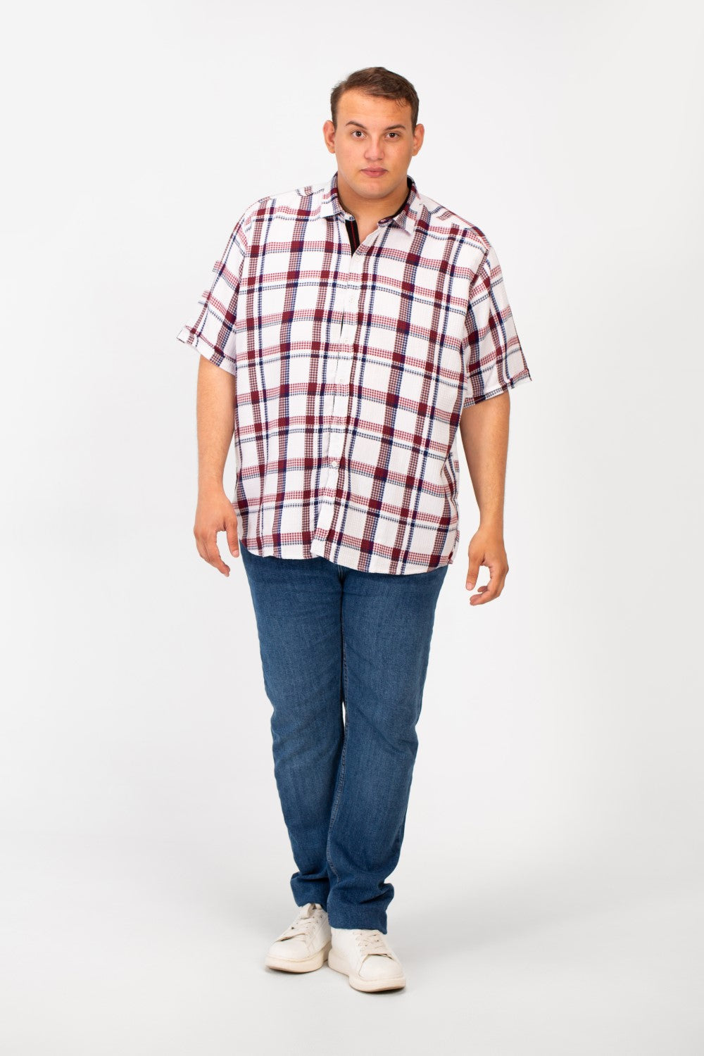Men's Big Size Checked Shirt With Short Sleeves And Full Front Buttons