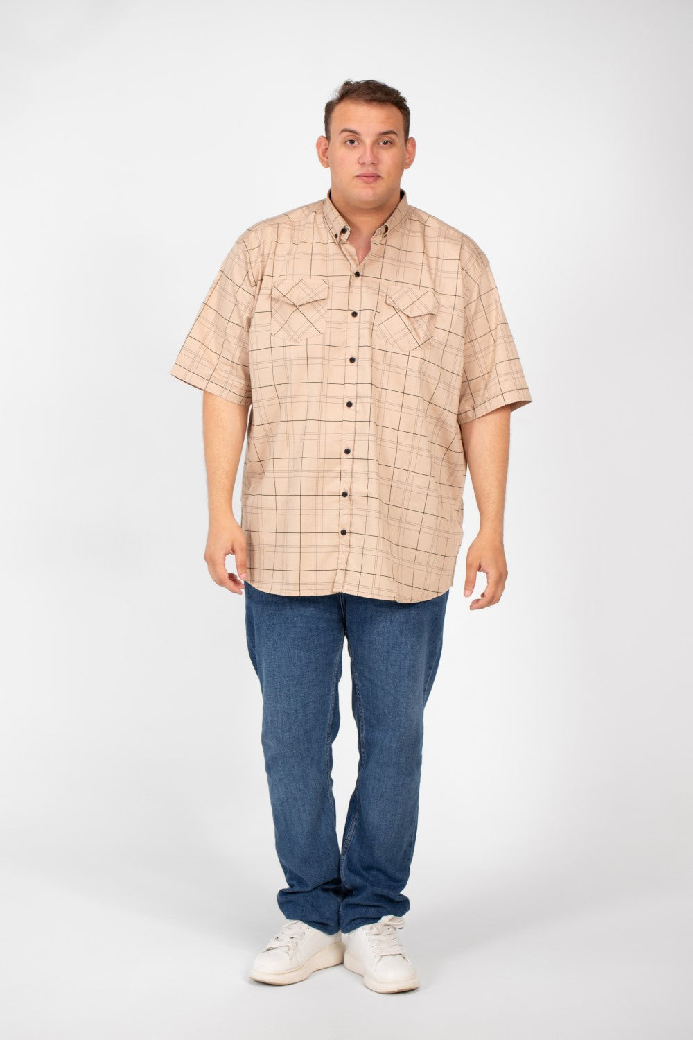 Men's Big Size Short Sleeved Checked Shirt With Full Buttons And Front Pockets