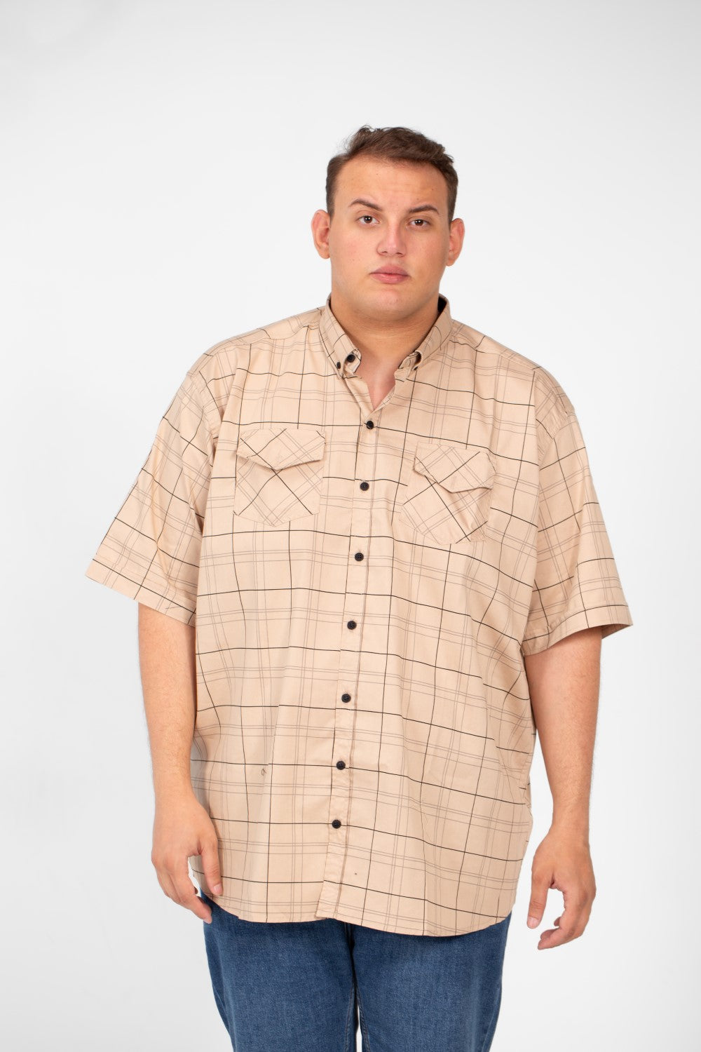 Men's Big Size Short Sleeved Checked Shirt With Full Buttons And Front Pockets