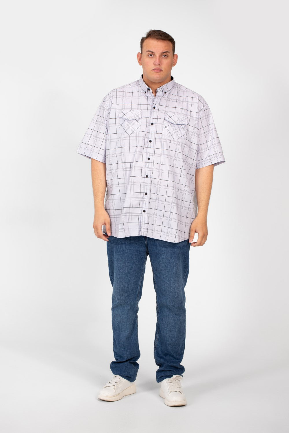 Men's Big Size Short Sleeved Checked Shirt With Full Buttons And Front Pockets