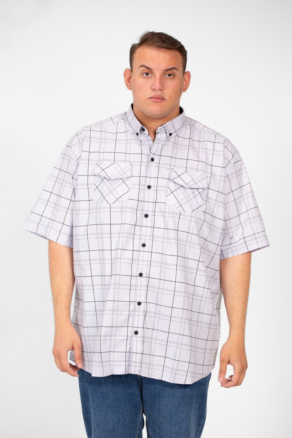 Men's Big Size Short Sleeved Checked Shirt With Full Buttons And Front Pockets
