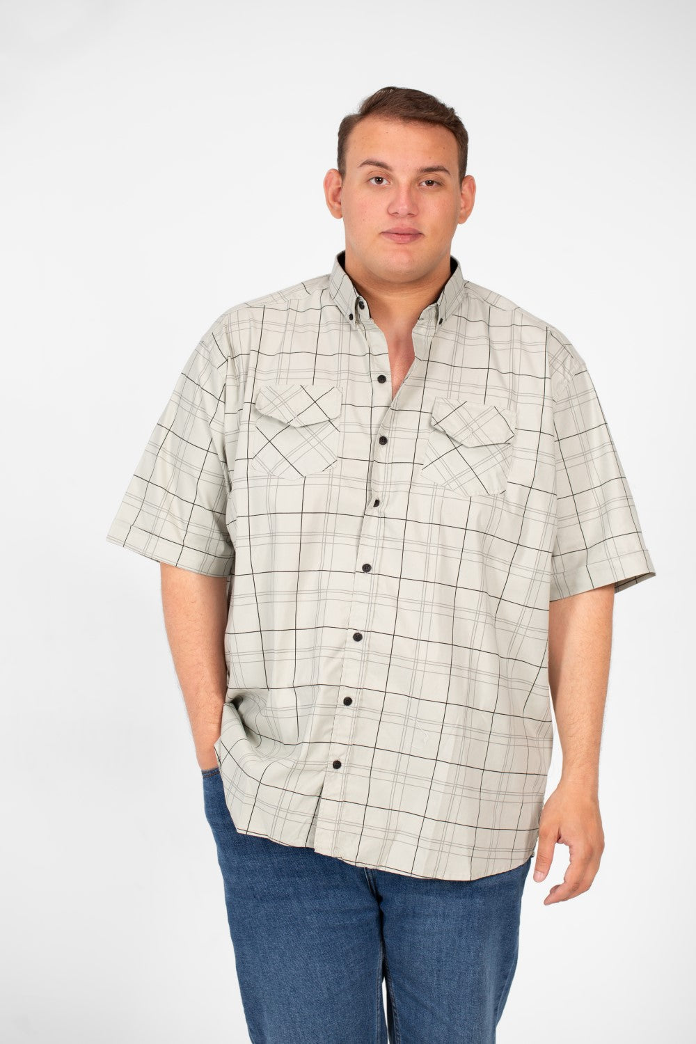 Men's Big Size Short Sleeved Checked Shirt With Full Buttons And Front Pockets