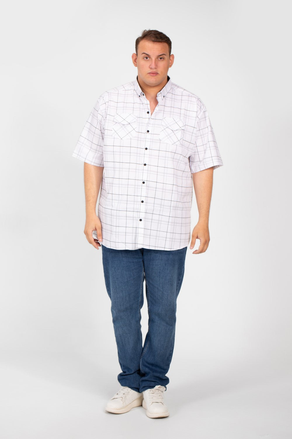Men's Big Size Short Sleeved Checked Shirt With Full Buttons And Front Pockets