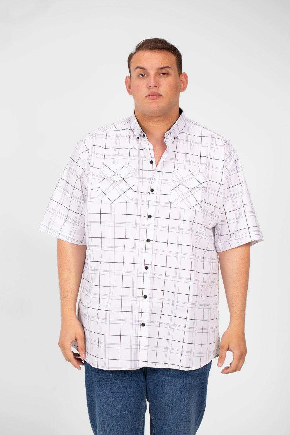 Men's Big Size Short Sleeved Checked Shirt With Full Buttons And Front Pockets
