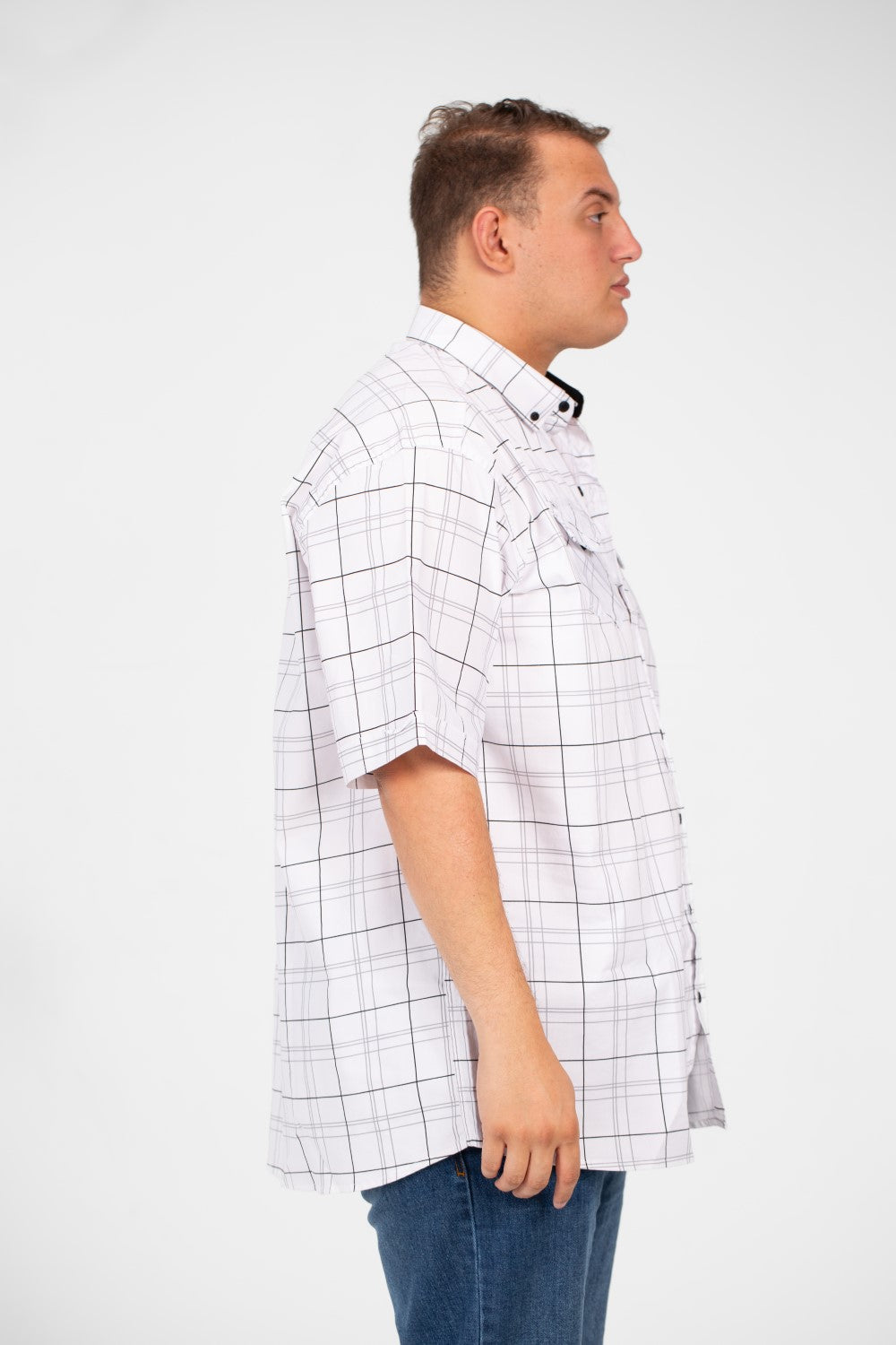 Men's Big Size Short Sleeved Checked Shirt With Full Buttons And Front Pockets