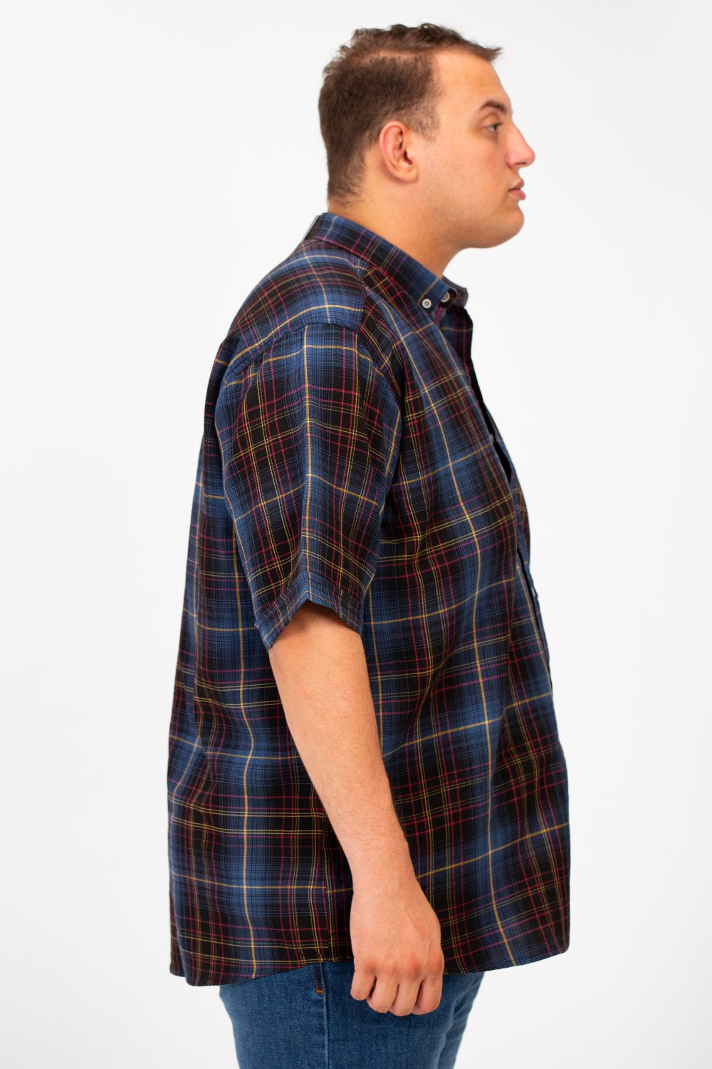 Men's Big Size Checked Full Front Buttons Shirt With Short Sleeves