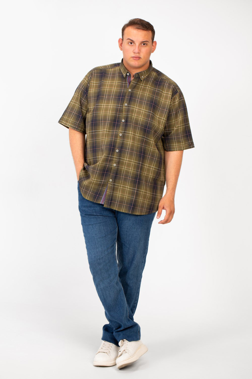 Men's Big Size Checked Full Front Buttons Shirt With Short Sleeves