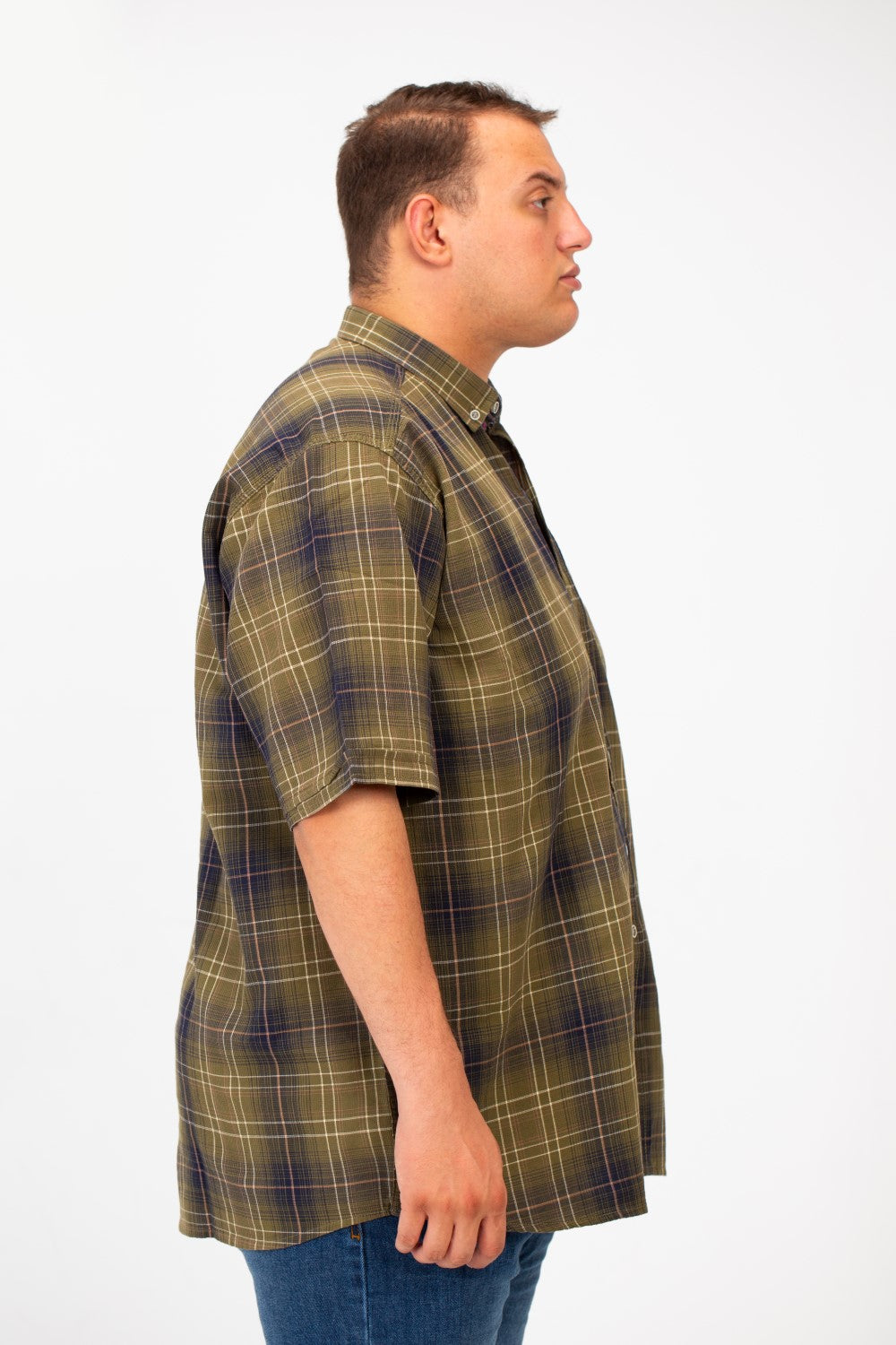 Men's Big Size Checked Full Front Buttons Shirt With Short Sleeves