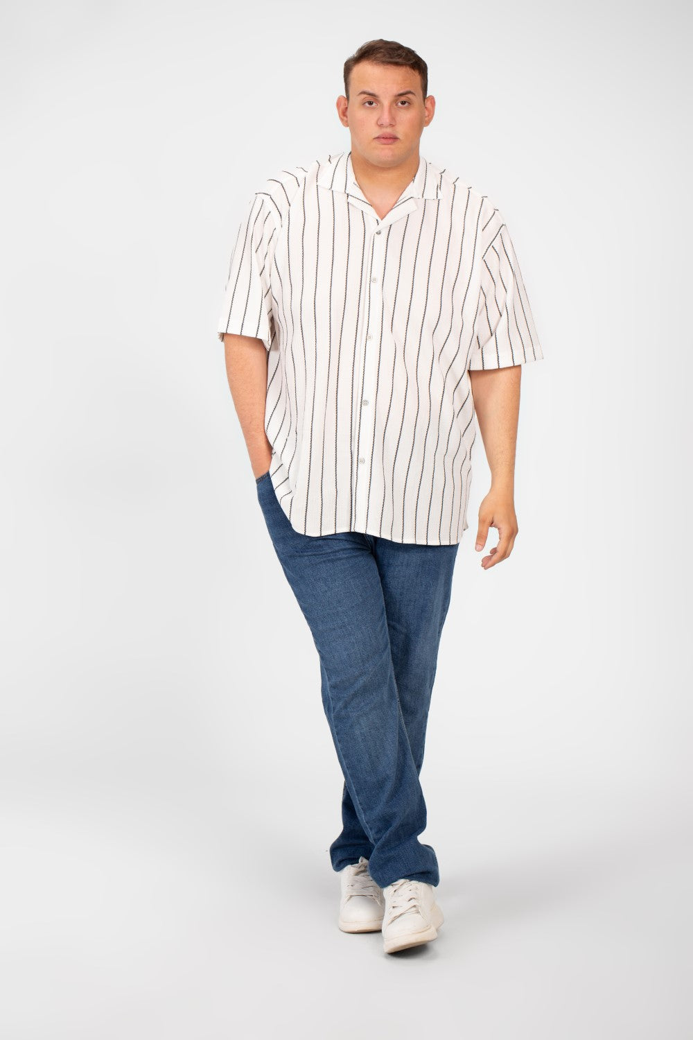 Men's Big Size Striped Half Sleeve Full Button Front High Quality Shirt