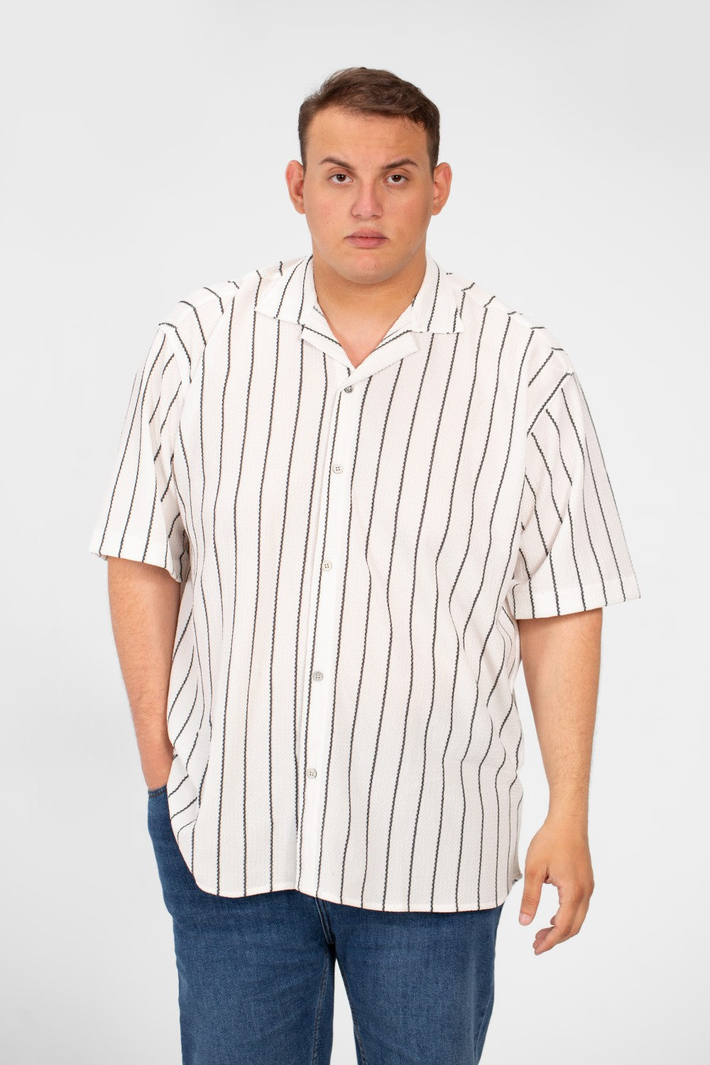 Men's Big Size Striped Half Sleeve Full Button Front High Quality Shirt