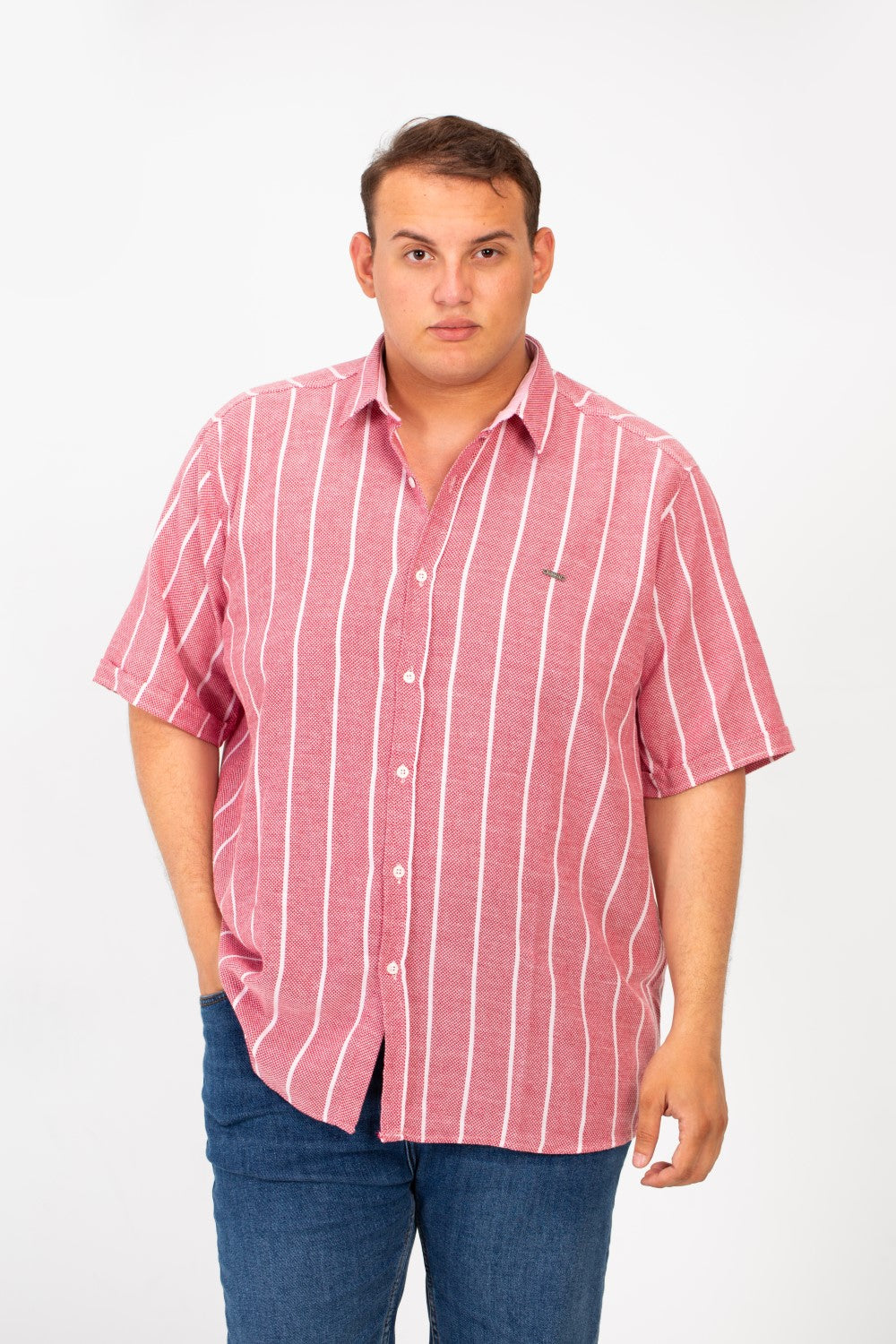 Men's Tomato Big Size Half Sleeve Striped Button Front Shirt