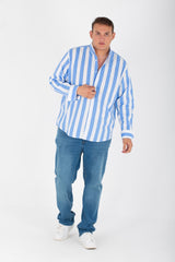 Men's Big Size Striped Shirt With Long Sleeves And Printed Poplin Material