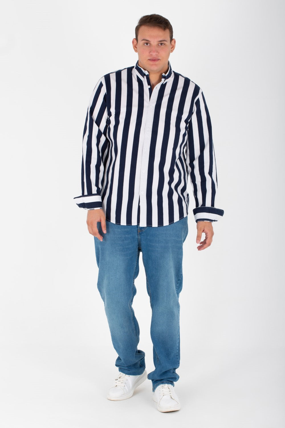 Men's Big Size Striped Shirt With Long Sleeves And Printed Poplin Material