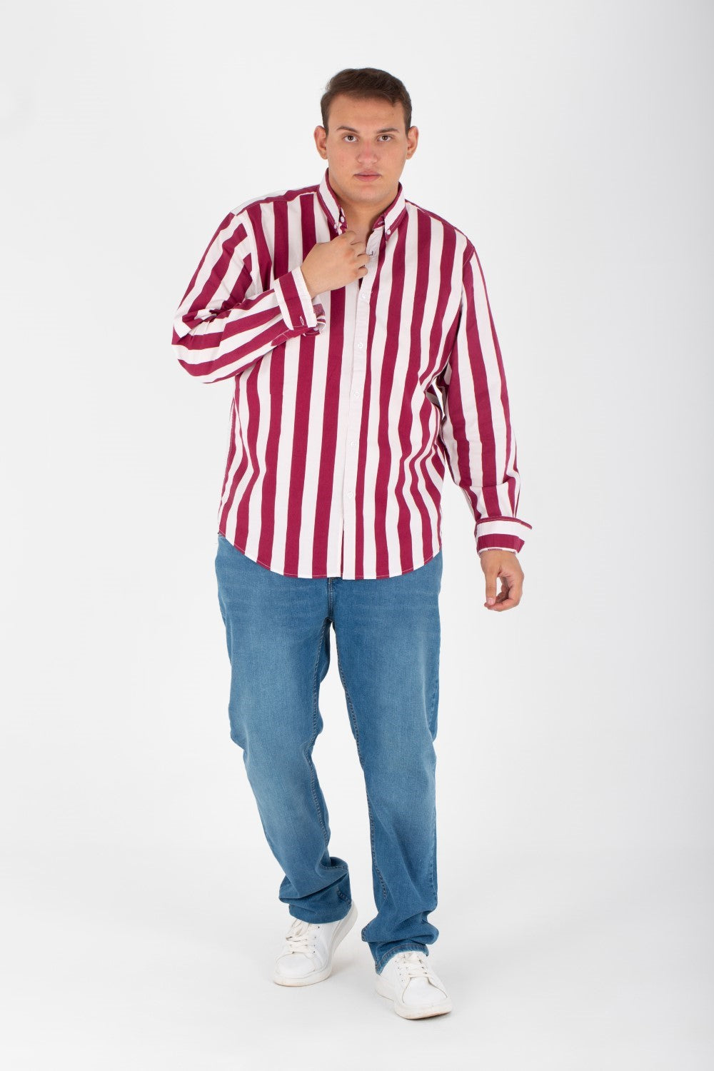 Men's Big Size Striped Shirt With Long Sleeves And Printed Poplin Material