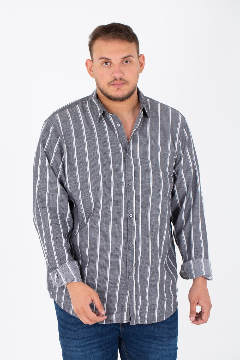 Men's Big Size Striped Poplin Shirt With Long Sleeves And Buttons On The Front