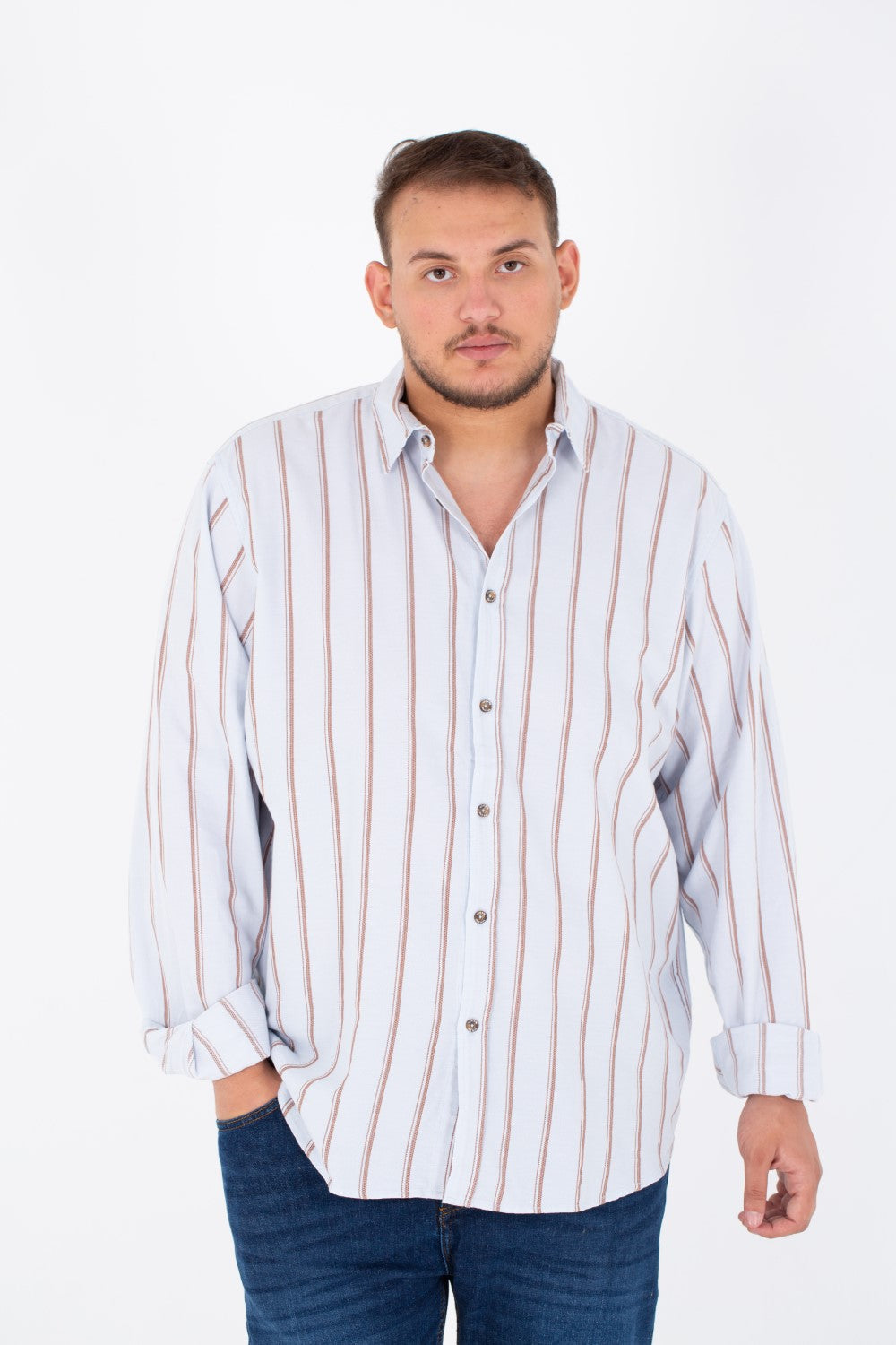 Men's Big Size Striped Poplin Shirt With Long Sleeves And Buttons On The Front