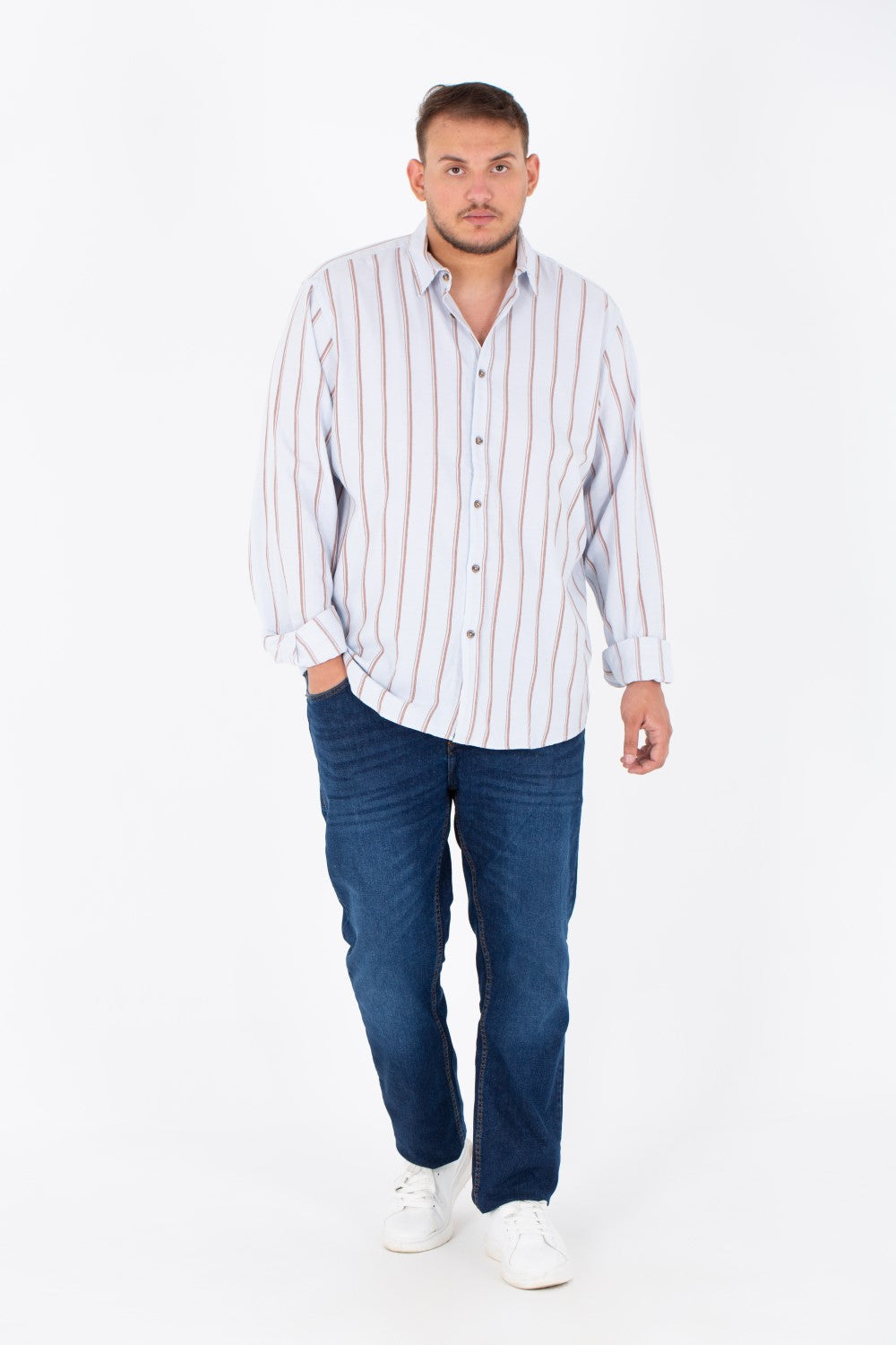 Men's Big Size Striped Poplin Shirt With Long Sleeves And Buttons On The Front