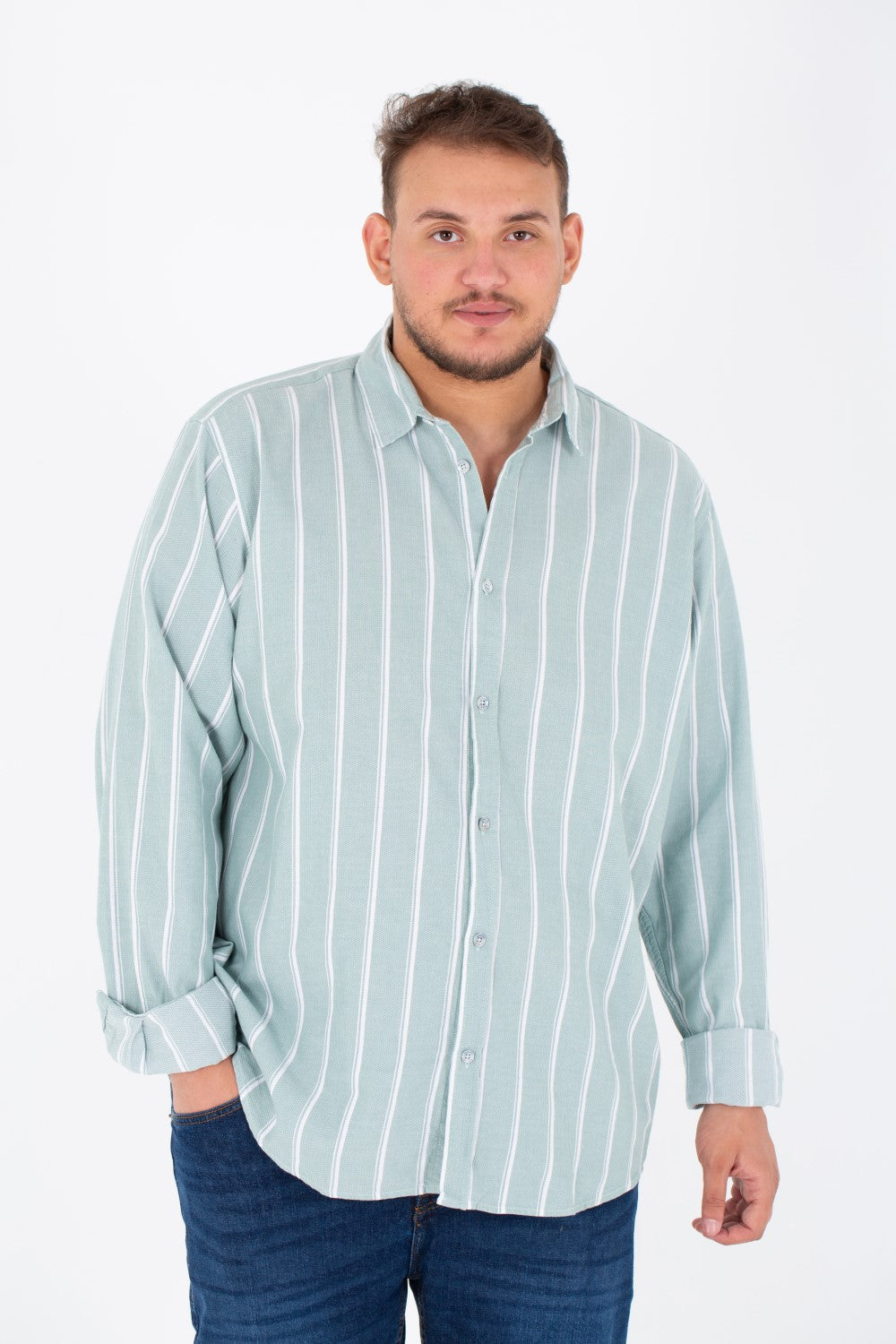 Men's Big Size Striped Poplin Shirt With Long Sleeves And Buttons On The Front