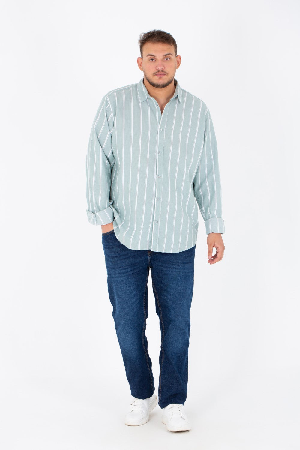 Men's Big Size Striped Poplin Shirt With Long Sleeves And Buttons On The Front
