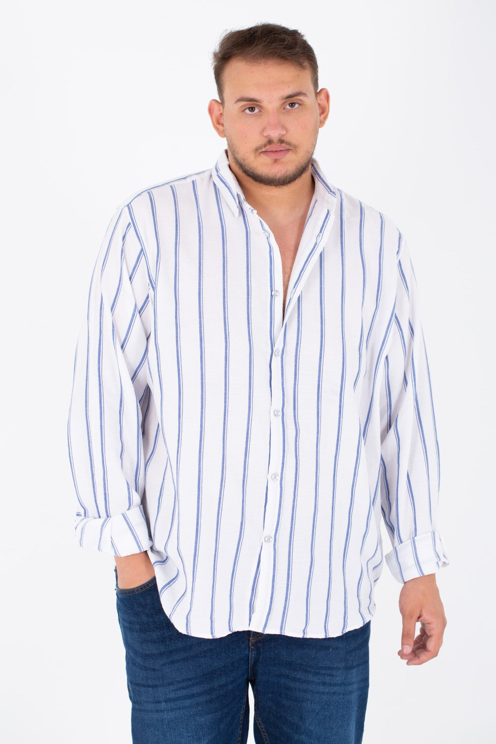 Men's Big Size Striped Poplin Shirt With Long Sleeves And Buttons On The Front