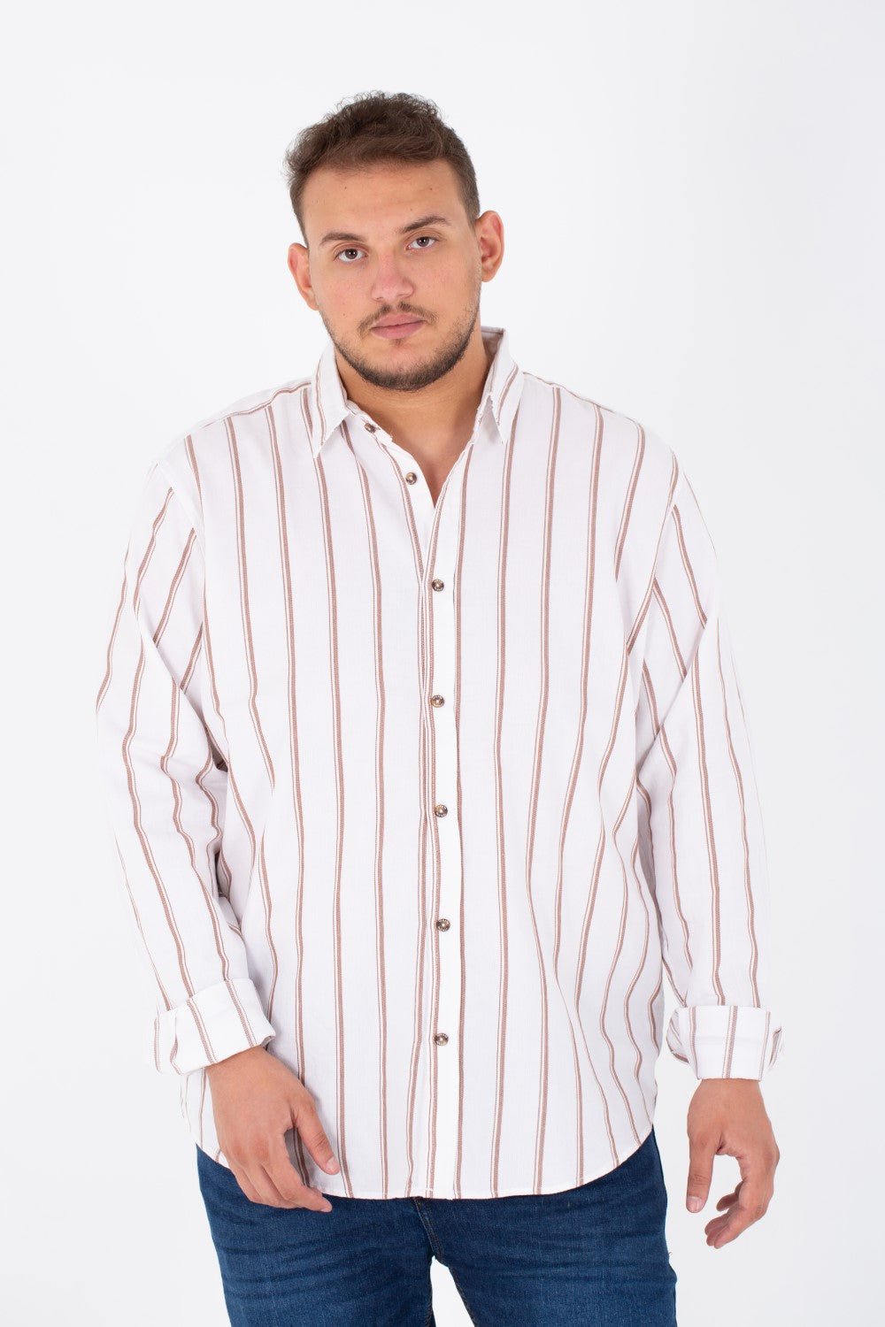 Men's Big Size Striped Poplin Shirt With Long Sleeves And Buttons On The Front