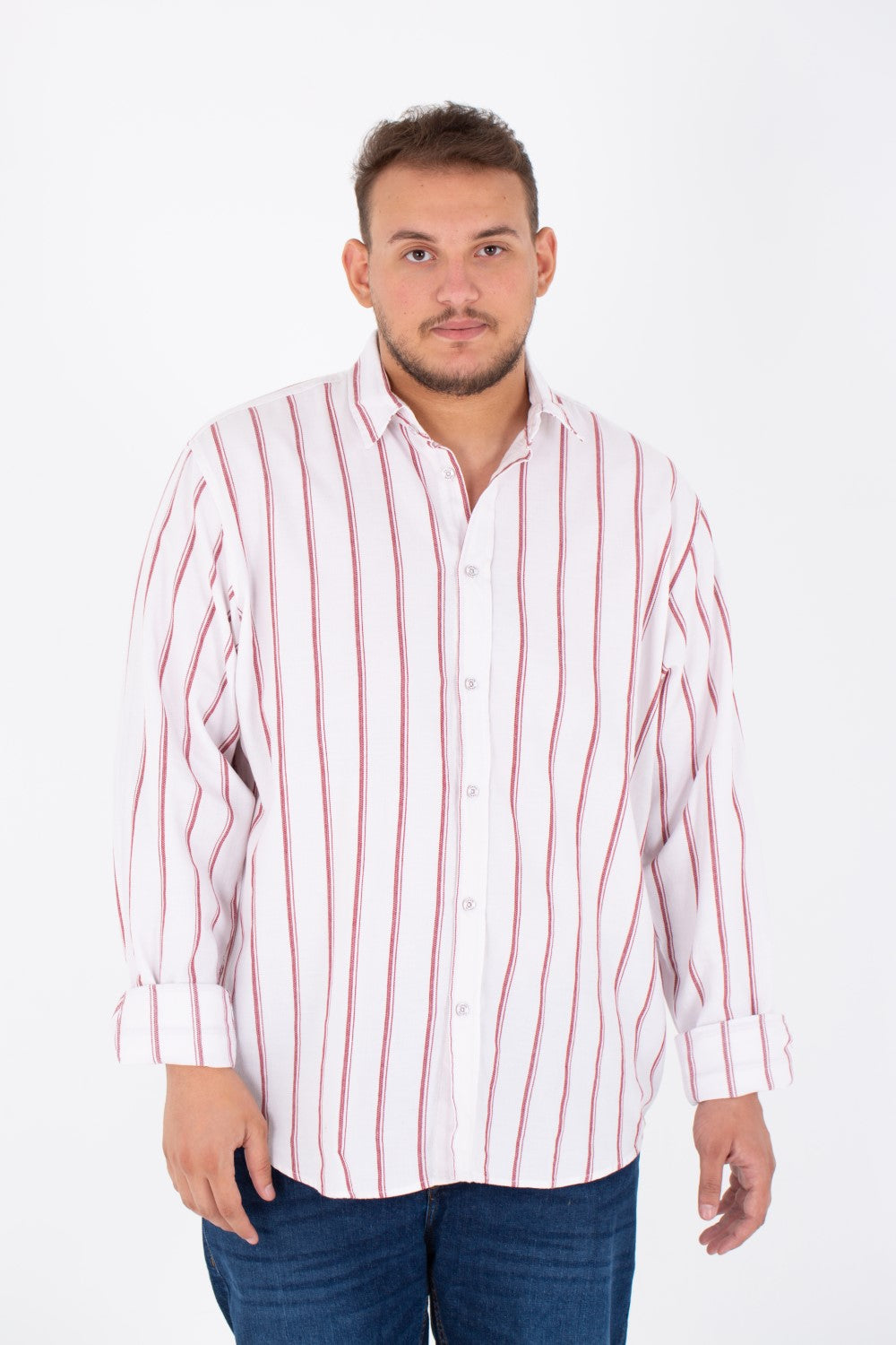 Men's Big Size Striped Poplin Shirt With Long Sleeves And Buttons On The Front