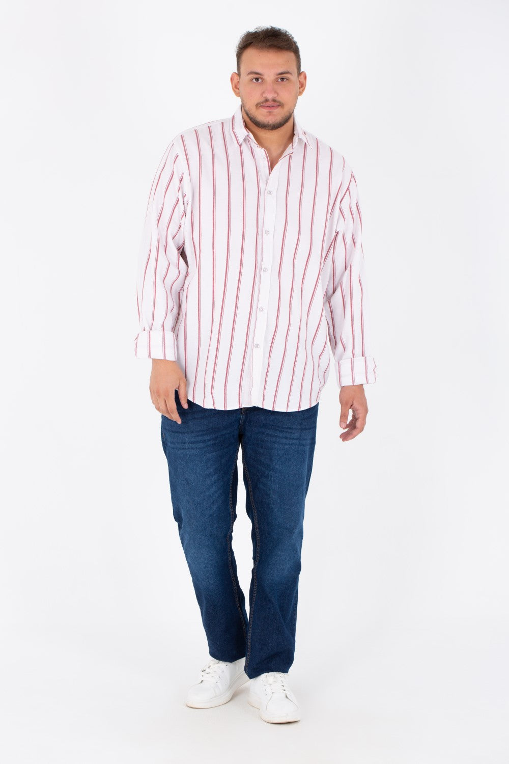 Men's Big Size Striped Poplin Shirt With Long Sleeves And Buttons On The Front