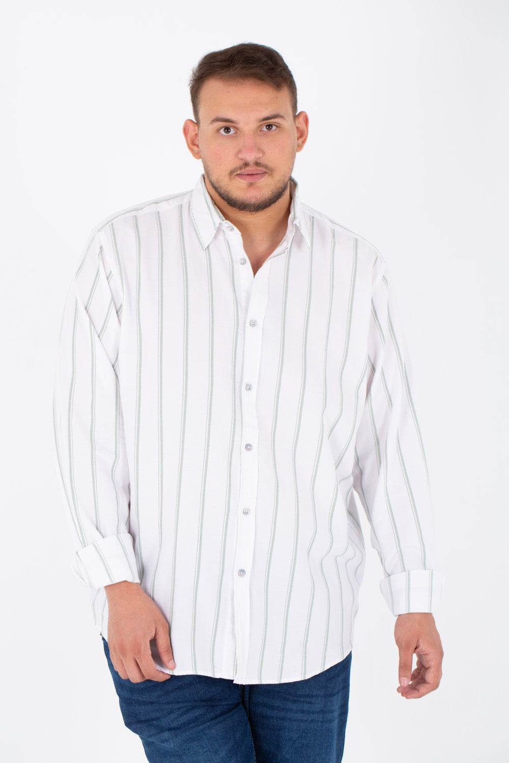 Men's Big Size Striped Poplin Shirt With Long Sleeves And Buttons On The Front