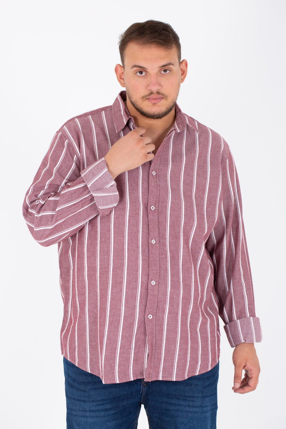 Men's Big Size Striped Poplin Shirt With Long Sleeves And Buttons On The Front