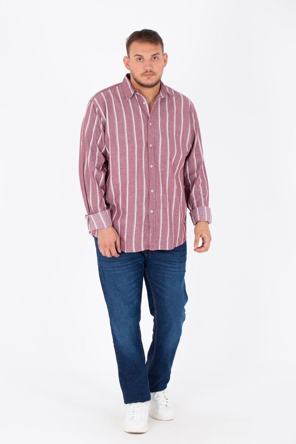 Men's Big Size Striped Poplin Shirt With Long Sleeves And Buttons On The Front