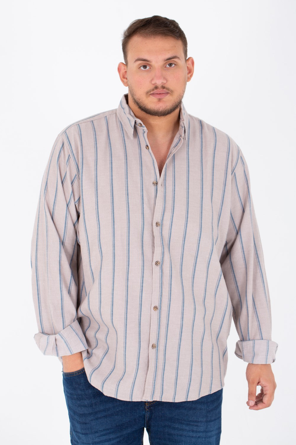 Men's Big Size Striped Poplin Shirt With Long Sleeves And Buttons On The Front