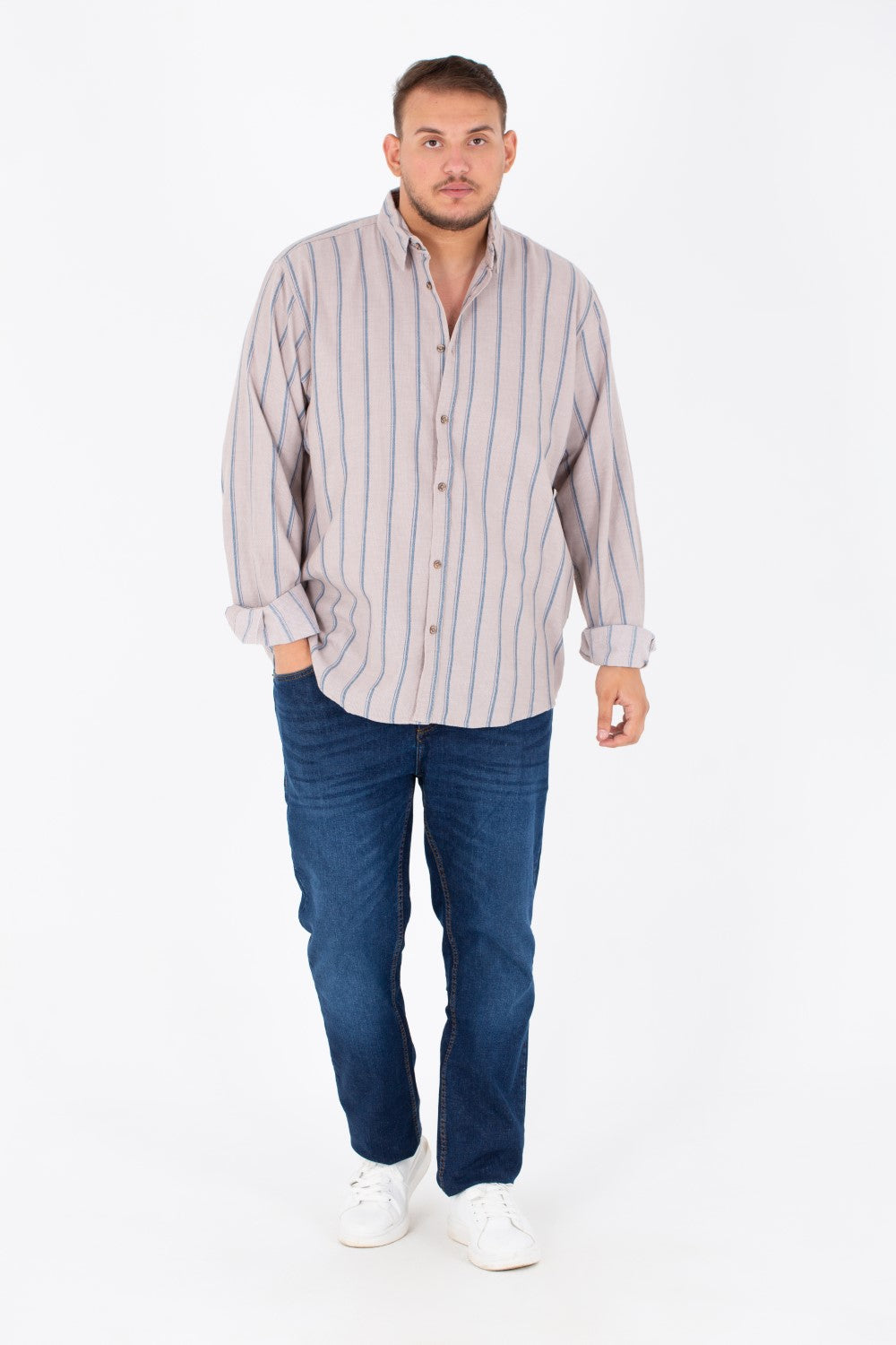 Men's Big Size Striped Poplin Shirt With Long Sleeves And Buttons On The Front