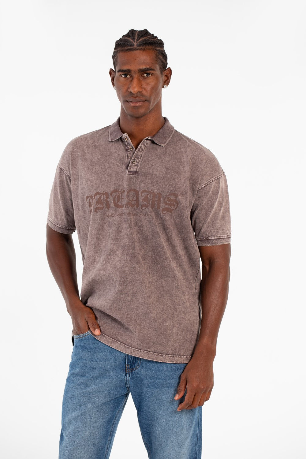 Men's Regular Fit Polo Washed Short Sleeves Half Buttons T-Shirt With Front Print