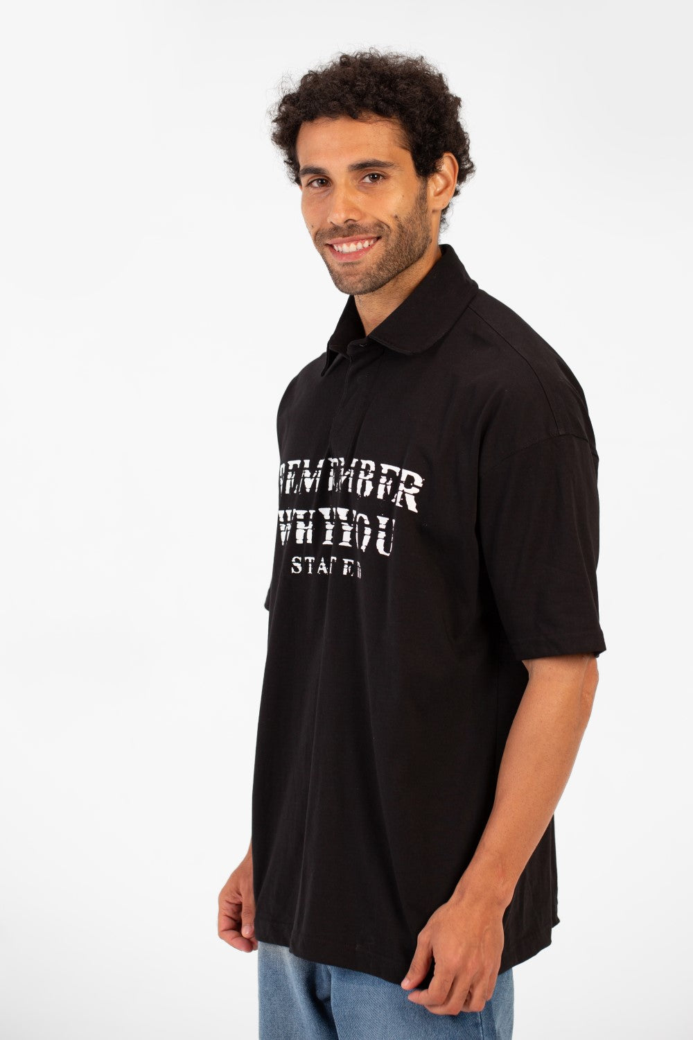 Men's Polo Neck Modern Front Text Print Regular Fit Short Sleeve T-Shirt