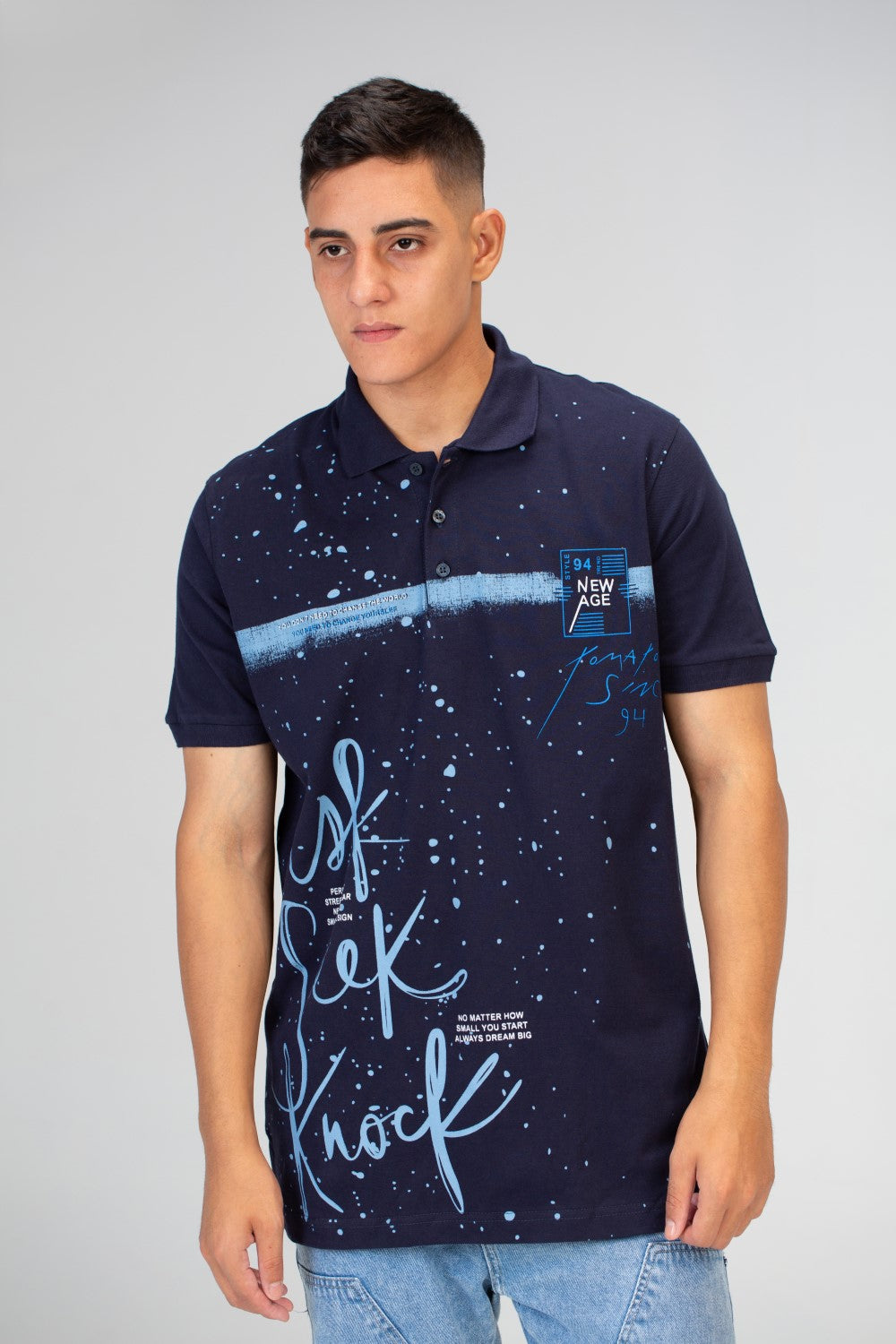 تيشيرت بولو بأكمام نصفية للرجال Slim Fit مع طبعة أمامية