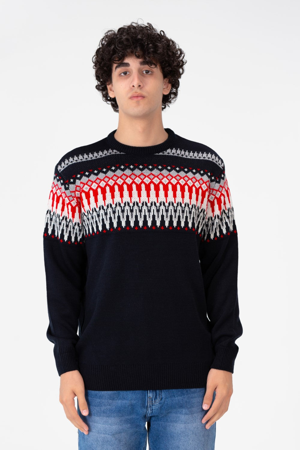 Men's Round Neck Long Sleeves Jakar Pullover With Print On The Top