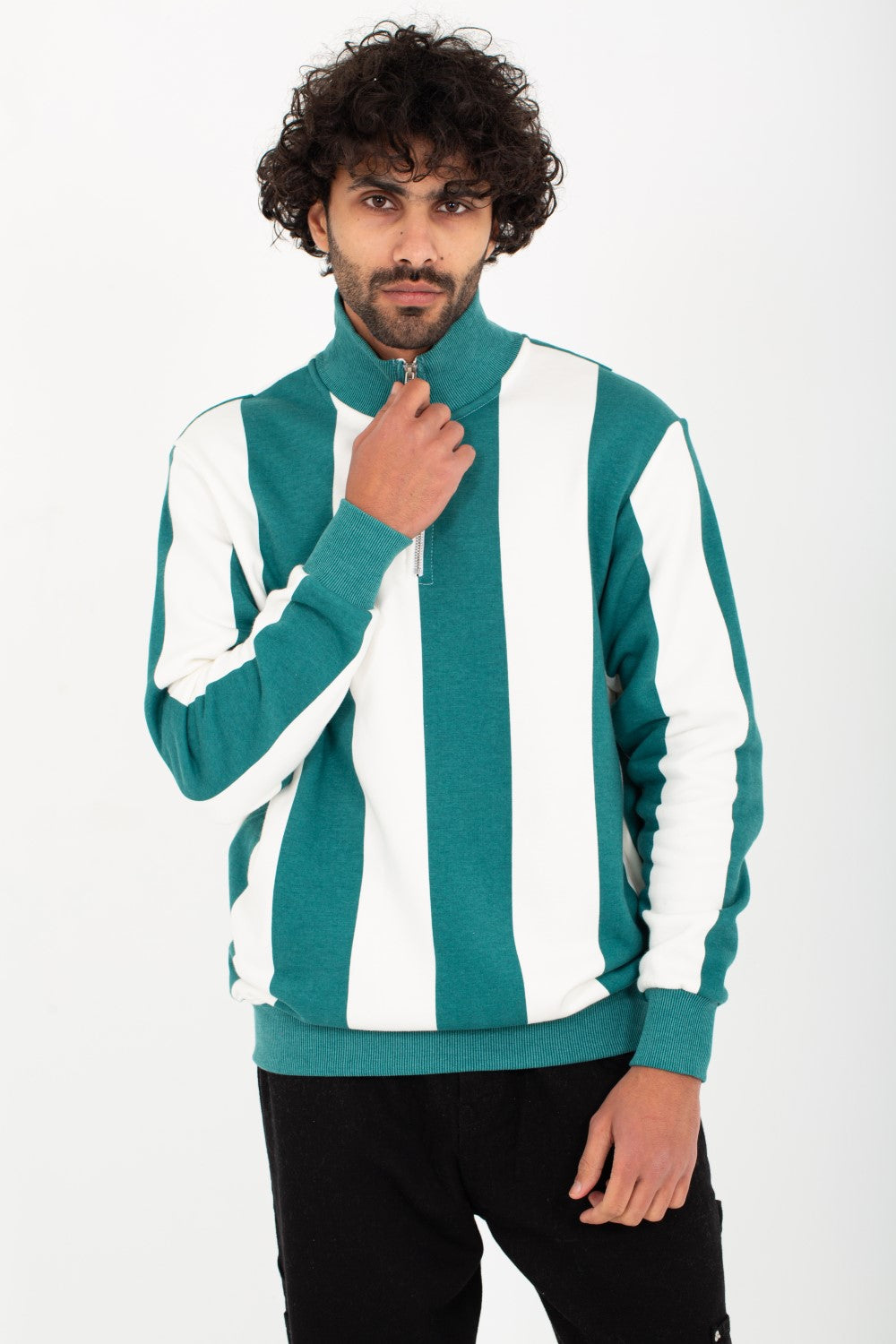 Men's High Neck Padded With Unqiue Modern Half Zipper Striped Sweatshirt